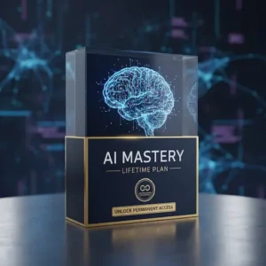 AI Mastery Lifetime Plan product box by Slide Vault, displaying a glowing blue brain circuit design in a glass case, optimized for SEO.