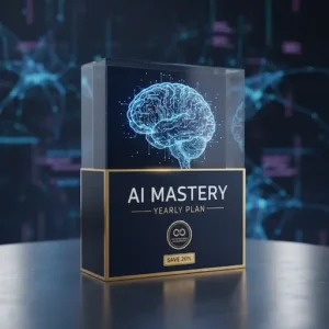 AI Mastery Yearly Plan product box by Slide Vault, featuring a glowing blue brain circuit design in a glass display, optimized for SEO