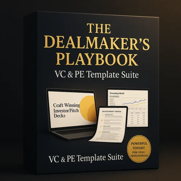 Premium digital product box for The Dealmaker’s Playbook: VC & PE Template Suite, featuring investor pitch decks, private equity financial models, and deal flow analysis templates.
