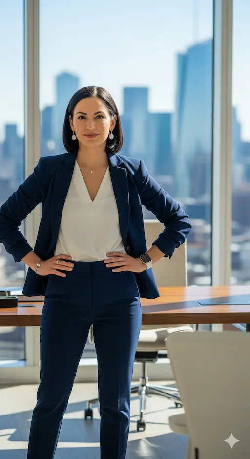 Gemini_Generated_Image_a70651a70651a706 Confident professional woman in a power suit standing in an office, with a North American city skyline behind her, symbolizing business leadership and assertiveness for success