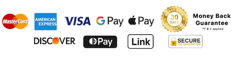 Payment methods accepted: Mastercard, American Express, Discover, Google Pay, Apple Pay, Link Pay. Includes a 30-day money-back guarantee with a gold badge icon
