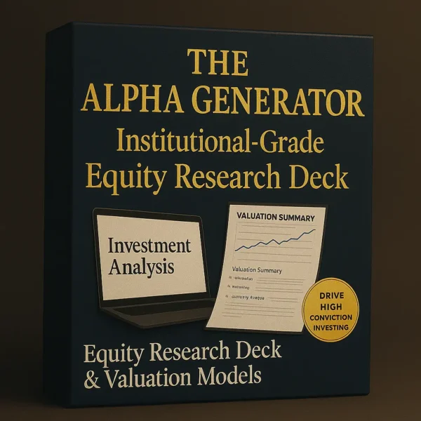 The Alpha Generator – institutional-grade equity research deck and valuation models with investment analysis slides, valuation summaries, and financial frameworks.