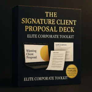 The Signature Client Proposal Deck – elite corporate PowerPoint toolkit with client proposal templates, scope of services frameworks, and polished executive slides.