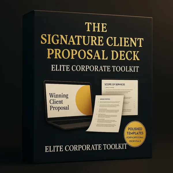 The Signature Client Proposal Deck – elite corporate PowerPoint toolkit with client proposal templates, scope of services frameworks, and polished executive slides.