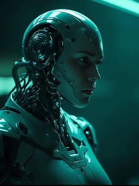 Futuristic AI humanoid robot engaging with data visualizations, symbolizing advanced AI LLM video courses and prompt engineering