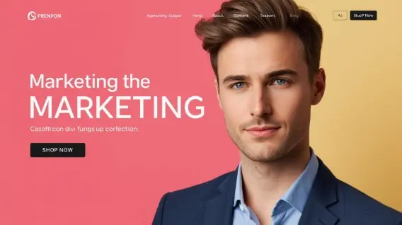 Professional young businessman in navy suit on colorful gradient background for Premium marketing agency website header with 'Marketing the MARKETING' headline