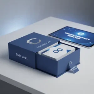 Slide Vault Lifetime Plan presentation assets digital product box, infinity symbol, and tablet displaying "Unlock Creativity Forever."