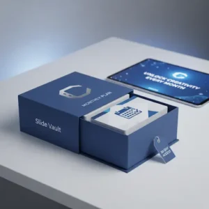 Slide Vault Monthly Plan digital presentation assets product box, calendar icon, and tablet displaying "Unlock Creativity Every Month."