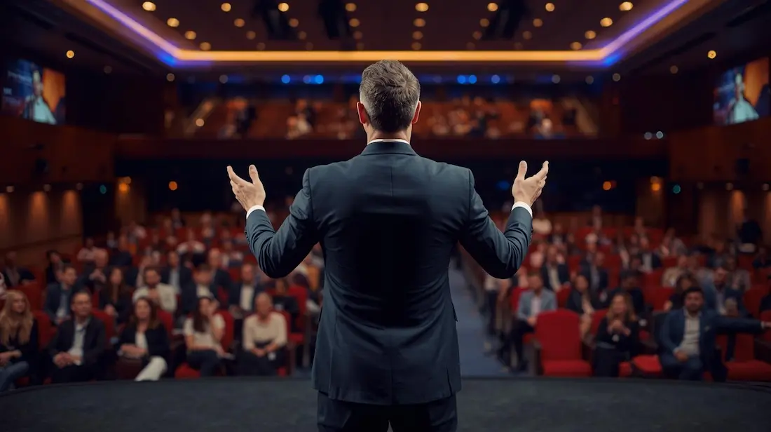 successful master presenter Masterful business presenter on stage delivering a powerful presentation with a "Transforming Challenges into Opportunities" slide, featuring an eagle and growth chart, to an engaged audience. Ideal for corporate events and leadership training.</p>
<p>